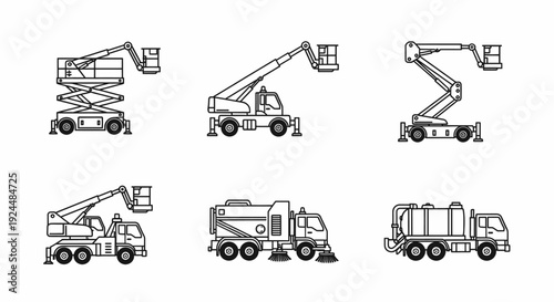 Set of Industrial and Construction Vehicle Icons in Outline Style