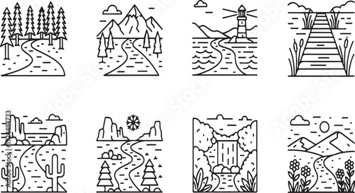 Eight distinct destinations showcasing various natural and man-made attractions Vector