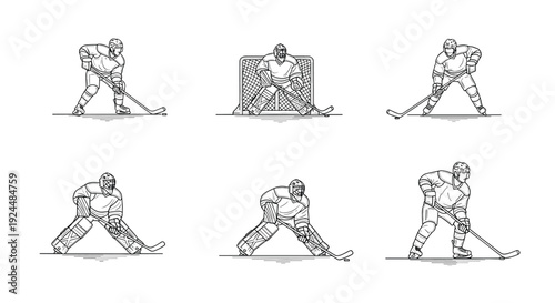 Ice hockey players in various action poses, presented as a clean line art illustration
