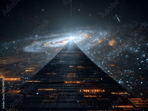 Pyramid of Cosmic Data: A colossal, futuristic pyramid structure stands against a backdrop of swirling galaxies and nebulae.