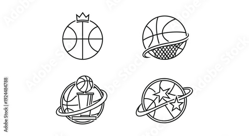 Set of four basketball themed icons with a crown, net, trophy, and stars