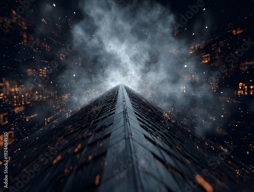 Skyscraper Summit: A breathtaking, low-angle perspective of a modern skyscraper piercing the misty sky, illuminated by the warm glow of city lights below.