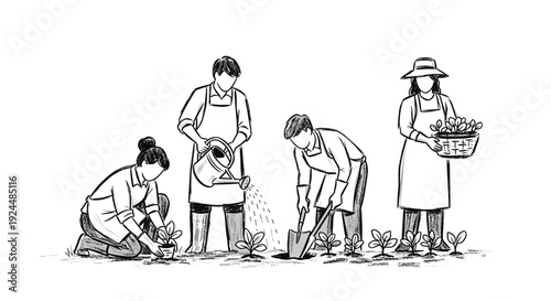 Diverse group of people working together in a garden, planting and harvesting crops