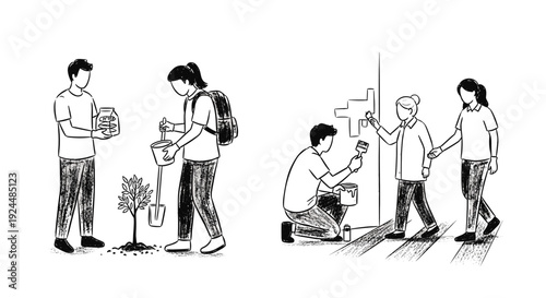 Diverse group of people engaged in community improvement activities, planting and painting