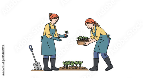 Two women farmers planting seedlings in a garden with a shovel and basket of vegetables