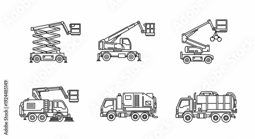 Industrial Vehicle Icons Set Line Art