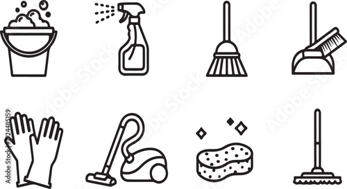 A variety of cleaning tools and supplies illustrated in a simple line drawing style Vector