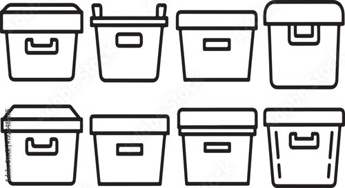 A variety of storage containers with lids for organization and storage. Vector