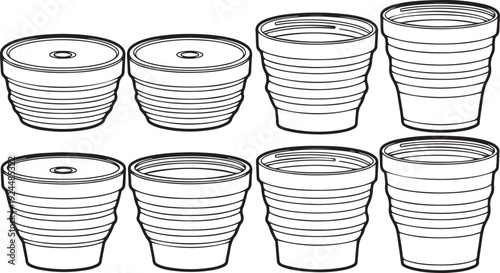 Assorted ceramic bowls and containers displayed in a row Vector
