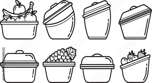A variety of lunch containers with different types of food inside Vector