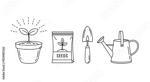 Gardening icons showing plant growth, seeds, trowel, and watering can in simple line art