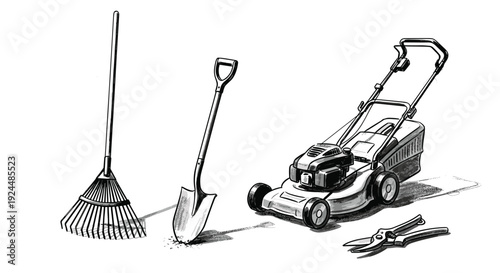Collection of essential gardening tools including a lawnmower, rake, shovel, and shears