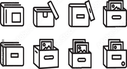 Assorted boxes and their contents in a minimalist line art style Vector