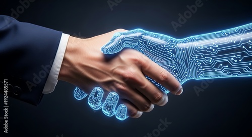 Human handshake with robotic hand featuring blue circuit patterns