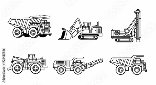 Heavy Construction and Mining Machinery Vehicles Line Art Set on White Background