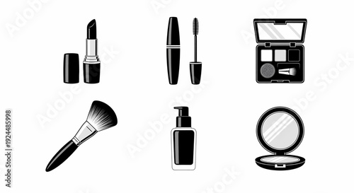 Cosmetic Products Black Glyphs Set Isolated Vector Illustration of Makeup Tools