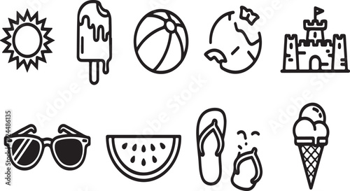 A collection of summer-themed icons showcasing various activities and items. Vector