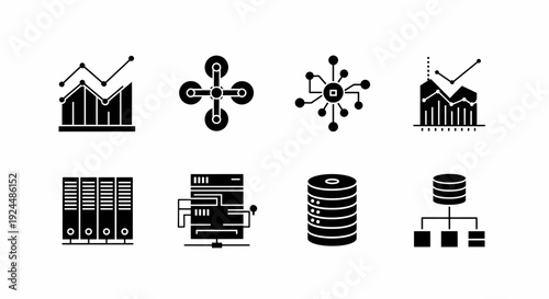 Data Analytics and Technology Black Glyph Icons for Business Network and Storage