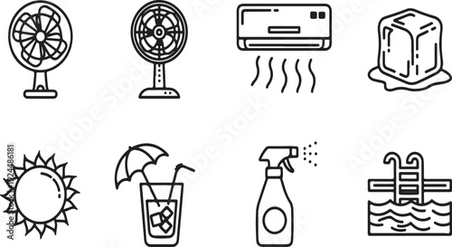 Illustrations of various cooling methods and appliances for hot weather Vector