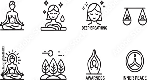 Illustrations of yoga, meditation, and mindfulness concepts Vector