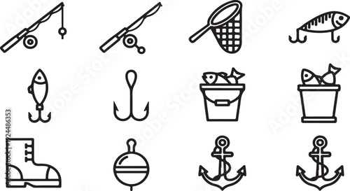 Assorted fishing and boating equipment illustrated in a simple line art style Vector