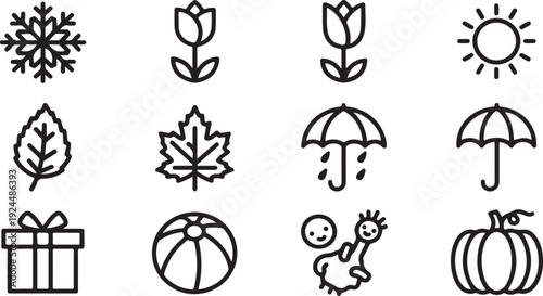 Seasonal icons representing different times of the year and activities Vector