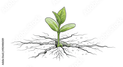 New green sprout breaking through cracked dry earth, symbolizing hope and resilience