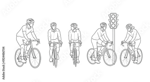 Cyclists in line at a traffic light, diverse group on bicycles, line art illustration