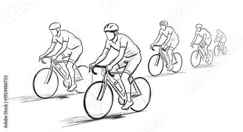 Sketch of cyclists racing on a road, capturing the dynamic movement and competitive spirit of the sport