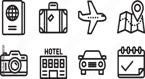 Icons representing various aspects of travel and tourism services Vector
