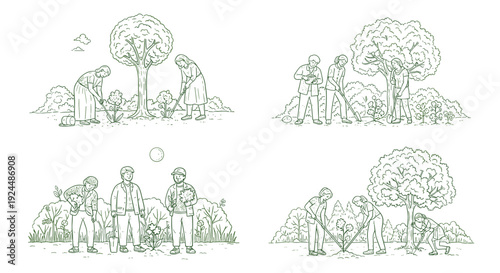 Diverse people engaged in gardening and planting activities in a natural outdoor setting