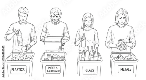 People sorting different recyclable materials into labeled bins for a cleaner environment