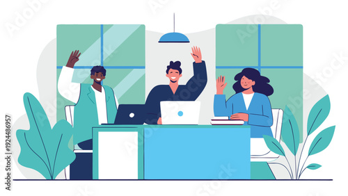 Diverse business team of three people waves hello while sitting at a desk during a collaborative office meeting.