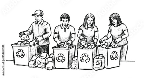 Diverse group of people sorting and recycling waste into designated bins