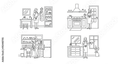 Set of line art illustrations depicting people performing various household cleaning tasks