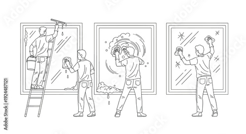 Illustrations of men cleaning windows with squeegees, sponges, and cloths