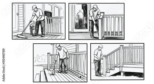Man cleaning and painting a wooden deck and railing, step-by-step process
