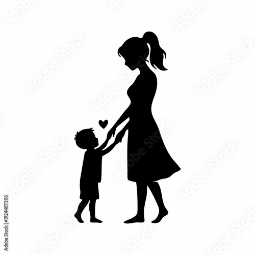 Mother and Little Son Holding Hands Silhouette with Heart Symbol Isolated on White Background