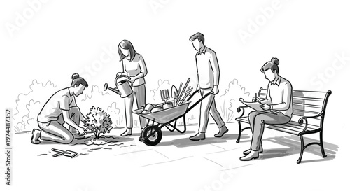 Diverse group of people engaged in gardening activities, planting and watering a shrub