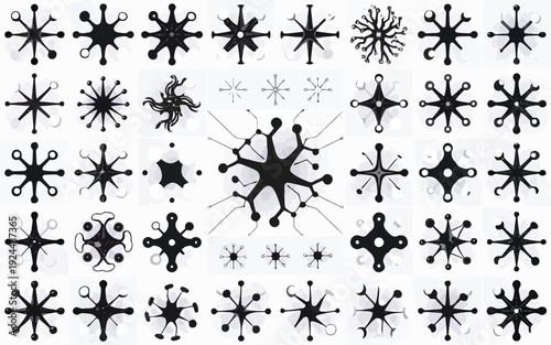 Complex geometric snowflake patterns with varied star-like structures and intricate designs