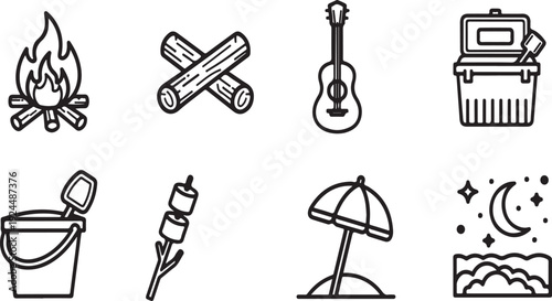 A collection of camping and outdoor adventure icons. Vector