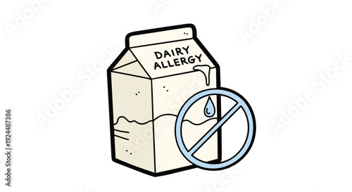 Cartoon carton of milk labeled dairy allergy with a prohibition sign over a drop