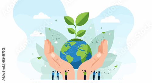 Illustration of hands holding the Earth with a growing plant, symbolizing global unity and environmental conservation efforts worldwide.