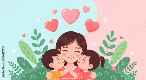 Happy mother embracing her two children surrounded by hearts and lush greenery in a serene outdoor setting