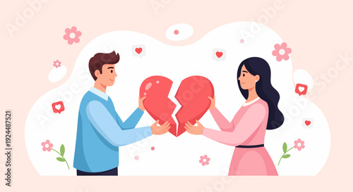 Couple holding broken heart pieces together, symbolizing separation and emotional distress, in a vector illustration depicting sadness and longing