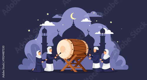 Drummers beating a large drum under the moonlight in a serene mosque courtyard at night