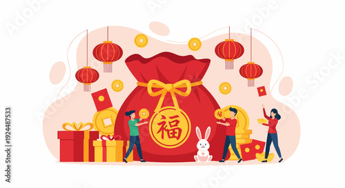 People celebrating Lunar New Year with prosperity bag, lanterns, and gifts in a festive illustration