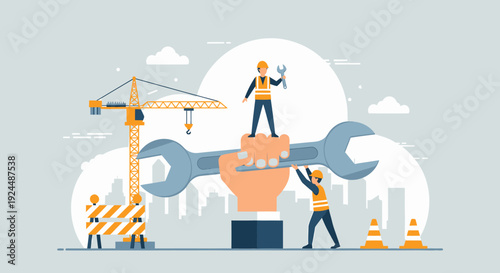 Construction workers assembling a giant wrench on a lightbulb against a cityscape
