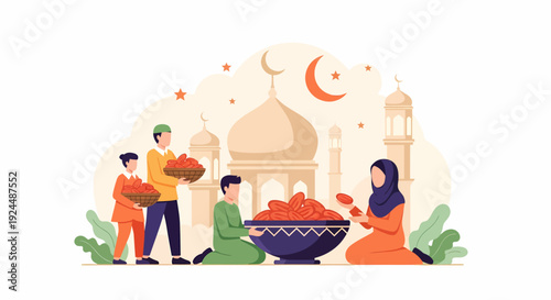 Celebrating Ramadan with Family and Friends Sharing Fruits and Sweets Together Under Crescent Moon Outside Mosque