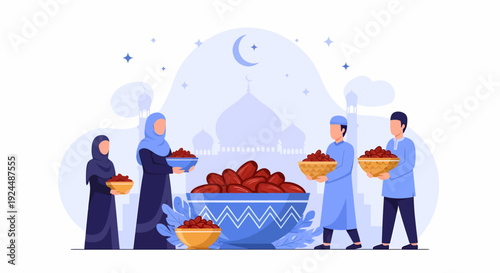 People Gathering Dates under the Night Sky with Mosque in the Background